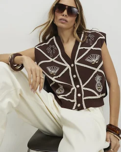 Brown Knitted Shell and Palm Tank Top