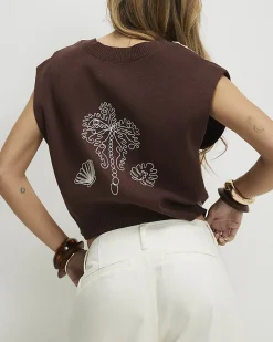 Brown Knitted Shell and Palm Tank Top