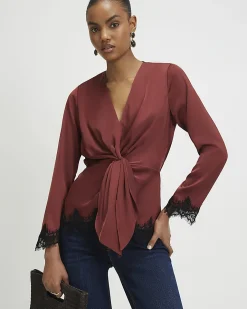 Brown Knot Front Lace Top