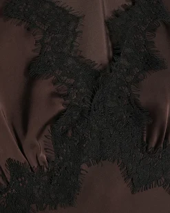 Brown Lace Satin Short Sleeve Slip Maxi Dress