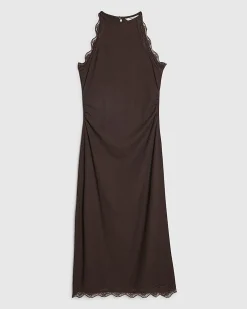 Brown Lace Trim Textured Maxi Dress