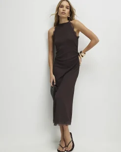 Brown Lace Trim Textured Maxi Dress