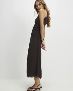 Brown Lace Trim Textured Maxi Dress