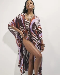 Brown Leaf Print Maxi Kaftan