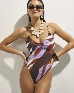 Brown Leaf Print Shaping Swimsuit