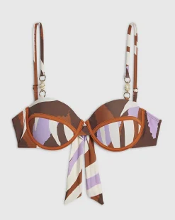 Brown Leaf Print Tie Back Bikini Top