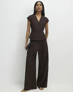 Brown Linen Blend Tailored Wide Leg Trousers