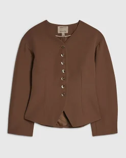 Brown Long Balloon Sleeve Button Up Jacket