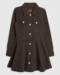 Brown Long Sleeve Button Up Denim Mini Dress