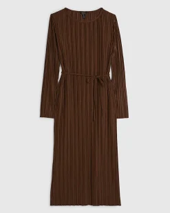 Brown Long Sleeve Plisse Belted Midi Dress
