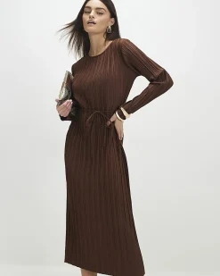 Brown Long Sleeve Plisse Belted Midi Dress