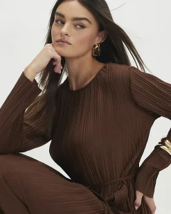 Brown Long Sleeve Plisse Belted Midi Dress