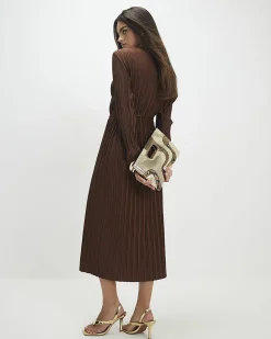 Brown Long Sleeve Plisse Belted Midi Dress