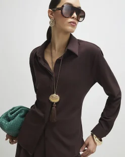 Brown Long Sleeve Shoulder Padded Shirt