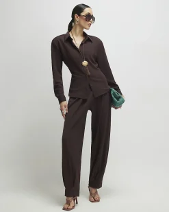 Brown Long Sleeve Shoulder Padded Shirt