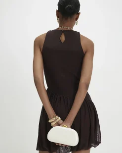 Brown Mesh Bubble Hem Mini Dress