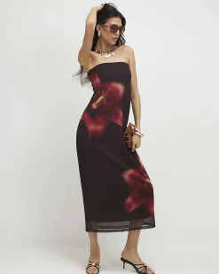 Brown Mesh Floral Bandeau Midi Dress