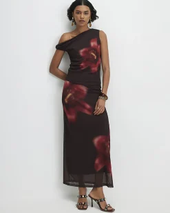 Brown Mesh Floral Print Maxi Skirt