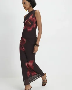 Brown Mesh Floral Print Maxi Skirt