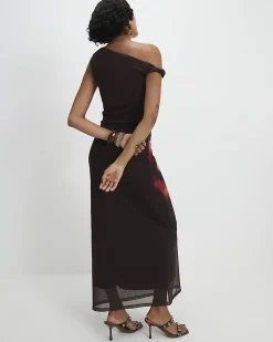 Brown Mesh Floral Print Maxi Skirt