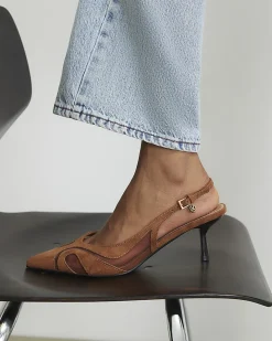 Brown Mesh Splice Slingback Court Heels