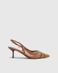 Brown Mesh Splice Slingback Court Heels