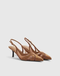 Brown Mesh Splice Slingback Court Heels