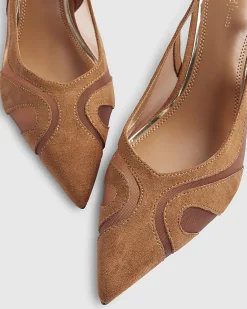 Brown Mesh Splice Slingback Court Heels