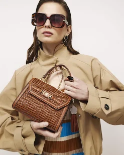 Brown Mini Weave Charm Tote Bag