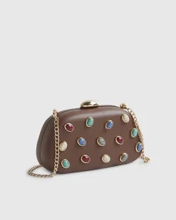 Brown Mixed Gem Hard Shell Clutch Bag