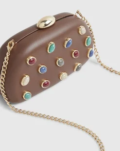 Brown Mixed Gem Hard Shell Clutch Bag