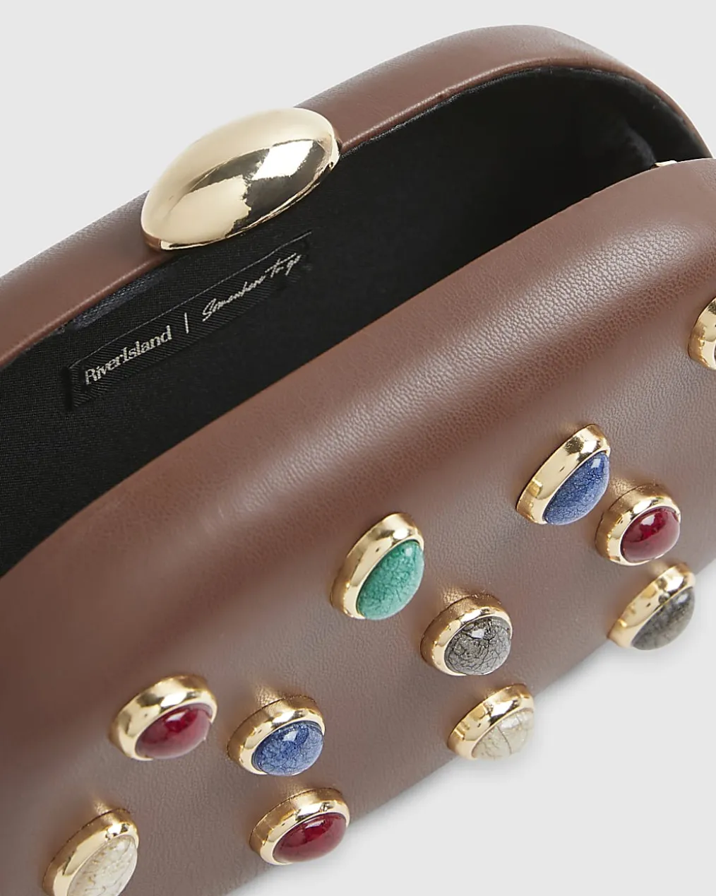 Brown Mixed Gem Hard Shell Clutch Bag