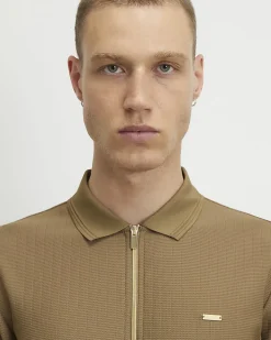 Brown Muscle Fit Quarter Zipped Polo Shirt
