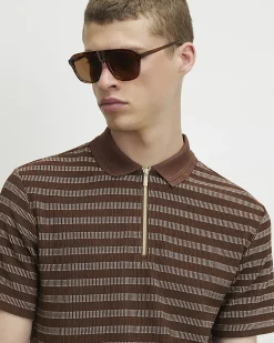 Brown Muscle Fit Stripe Textured Polo Shirt