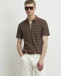 Brown Muscle Fit Stripe Textured Polo Shirt