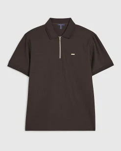 Brown Muscle Fit Textured Zip Polo Shirt