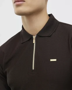 Brown Muscle Fit Textured Zip Polo Shirt