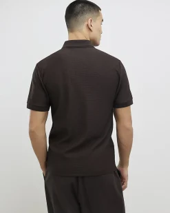 Brown Muscle Fit Textured Zip Polo Shirt
