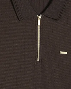Brown Muscle Fit Textured Zip Polo Shirt