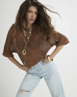 Brown Open Stitch Knitted T-Shirt