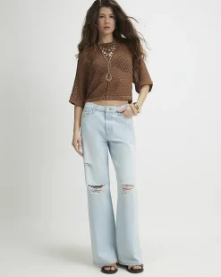 Brown Open Stitch Knitted T-Shirt