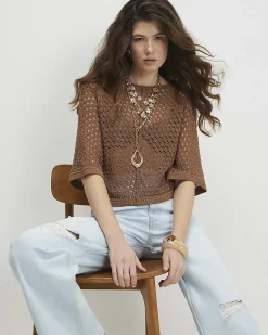 Brown Open Stitch Knitted T-Shirt