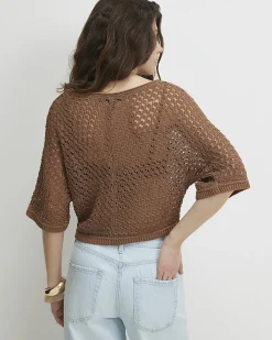 Brown Open Stitch Knitted T-Shirt