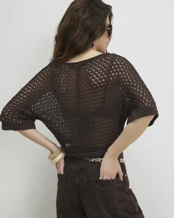 Brown Open Stitch Knitted T-Shirt