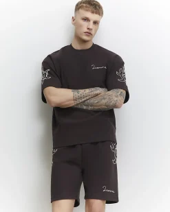Brown Oversized Cotton Blend Roping T-Shirt