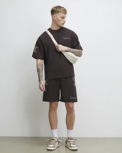 Brown Oversized Cotton Blend Roping T-Shirt