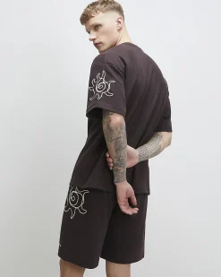 Brown Oversized Cotton Blend Roping T-Shirt