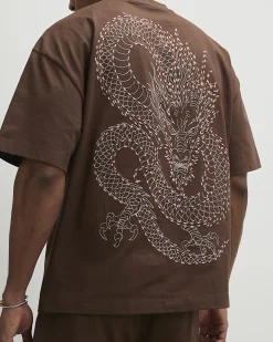 Brown Oversized Cotton Tokyo Dragon T-Shirt