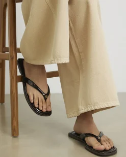 Brown Patent Tortoiseshell Toe Thong Sandals