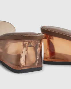 Brown Perspex Mule Wedge Sandals